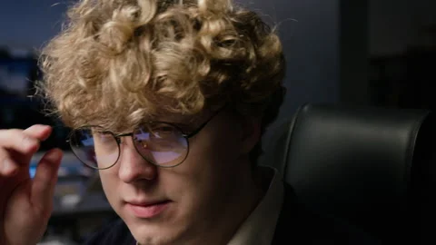 Tired Cybersecurity Analyst Taking off Glasses in Office at Night Stock Footage 347284787