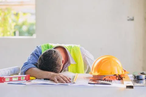 Tired engineer construction builder man nap. architect worker feeling exhau.. Stock Photos