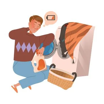 Tired exhausted man loading washing machine. Person tired of housework cartoon Stock Illustration