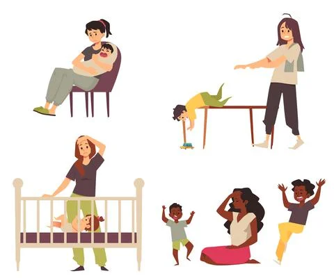 Tired exhausted mother cannot handle children, flat vector illustration isolated Illustration