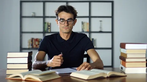 Tired, Exhausted Student Having a Break in Studying, Hard Working, Stressed Stock Footage 93289623