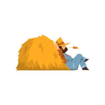 Tired farmer resting sitting by the haystack vector Illustration on a white Stock Illustration