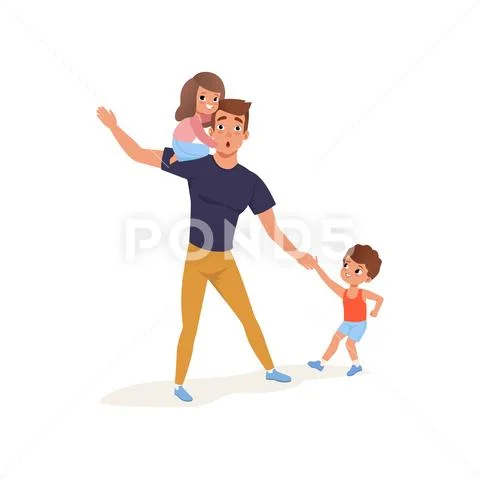 Tired father with his son and daughter who wants to play, parenting stress Stock Illustration