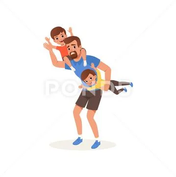 Tired father playing with his sons, parenting stress concept, relationship Stock Illustration