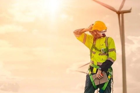 Tired fatigue Sweating Worker working outdoors with extreme heatwave bad we.. Stock Photos