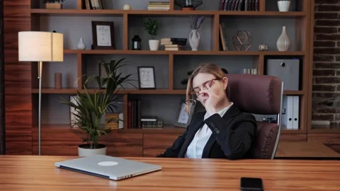 Tired Female Worker Overworked On Computer Office Work Overtime Workaholic Work. Stock Footage 172399564
