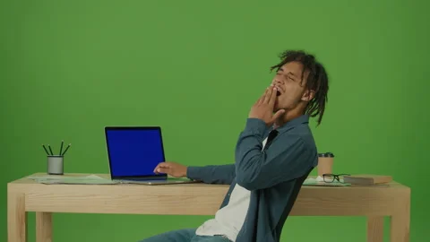 Tired Freelancer Typing on on Blue Screen Laptop Working in Internet, Online Job Stock Footage 219757610