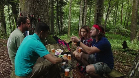 Tired group of young tourists having lunch in dark forest under hi trees. Halt Stock Footage 208889372
