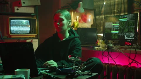 Tired hacker typing on keyboard at night, breaking password, using laptop Stock Footage 160269509