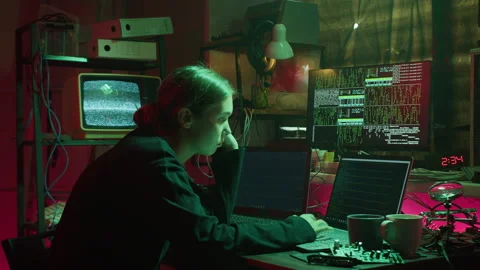 Tired hacker typing on keyboard at night, breaking password, using laptop Stock Footage 160493740