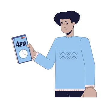 Tired hispanic man checking time on phone 2D linear cartoon character Stock Illustration