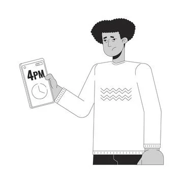 Tired hispanic man checking time on phone bw 2D line cartoon character Stock Illustration