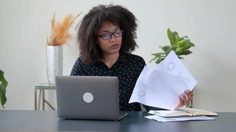 Tired from laptop work sad african american young woman, freelancer or sales Stock Footage 200287596