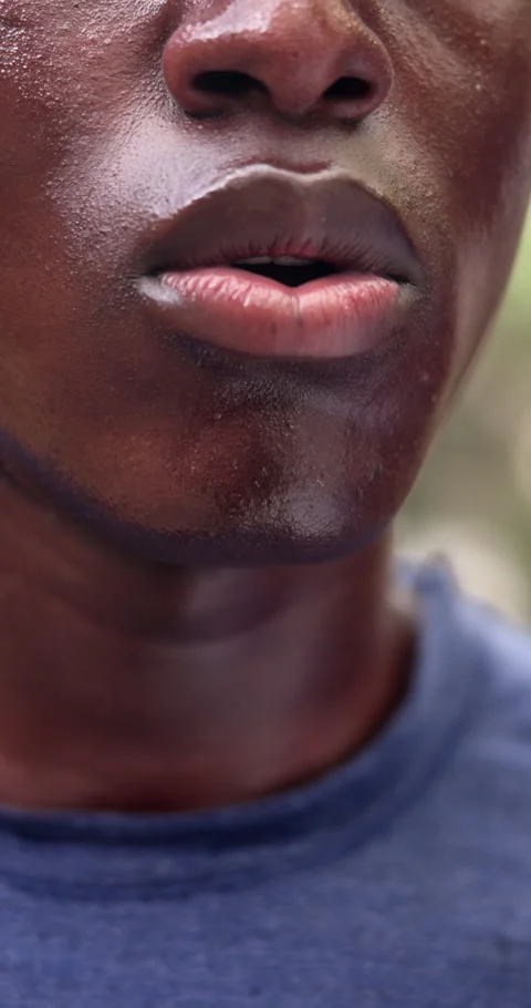 Tired, man and breathe with closeup for fitness, exercise and exhausted from Stock Footage 340750331