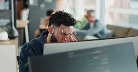 Tired, man and computer screen with headache in office for brain fog, website Stock Footage 290063657