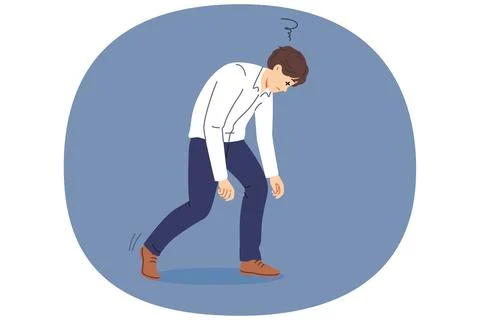 Tired man bends over and closes eyes due to exhaustion caused by overwork and Illustrazione stock