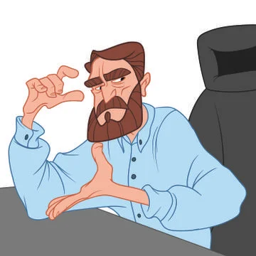 Tired man in blue shirt explains to someone a job, male workaholic Illustrazione stock