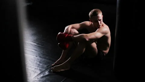 Tired Man Boxer Sit On Floor In The Gym Stock Footage 86465486