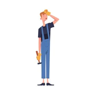 Tired Man Construction Worker Character Standing with Hammer Engaged in Roof Stock Illustration