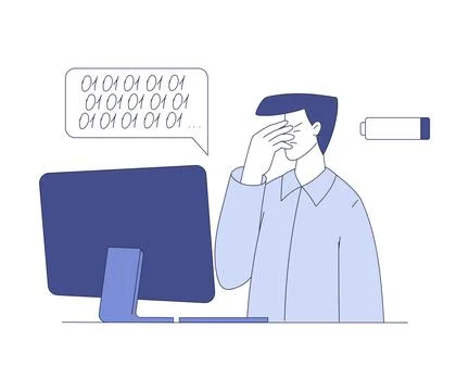 Tired Man at Desk Computer Programming Vector Illustration Illustrazione stock
