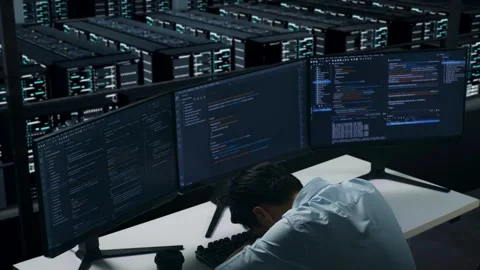 Tired Man Developer Sleeping While Write Code In Data Center Stock Footage 270228782