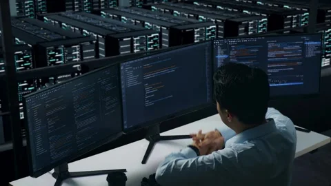 Tired Man Developer Stretching While Write Code In Data Center Stock Footage 270228734