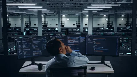 Tired Man Developer Yawning Before Sleeping While Write Code In Data Center Stock Footage 270226938