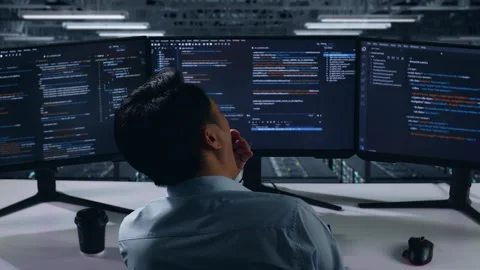 Tired Man Developer Yawning Before Sleeping While Write Code In Data Center Stock Footage 270227655