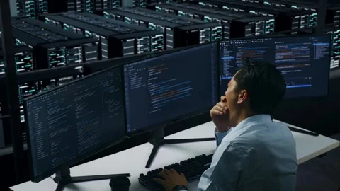 Tired Man Developer Yawning Before Sleeping While Write Code In Data Center Stock Footage 270228768