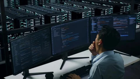 Tired Man Developer Yawning While Write Code In Data Center Stock Footage 270228764