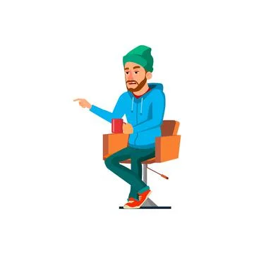 Tired man drinking coffee and pointing at pun cake in showcase cartoon vector Stock Illustration
