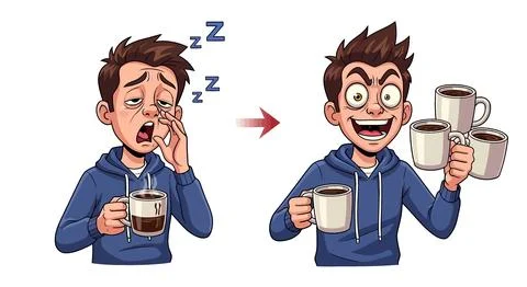 Tired Man Drinks Coffee, Becomes Energetic with Multiple Cups Stock Illustration