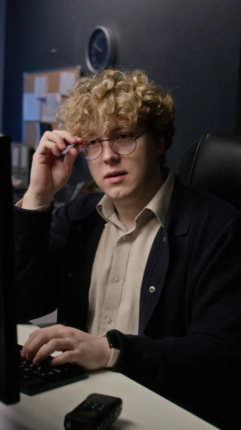 Tired Man Experiencing Eye Strain While Working on Computer Stock Footage 347305265