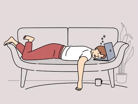 Tired man fall asleep on sofa with laptop Illustrazione stock