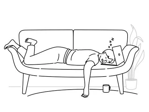 Tired man fall asleep on sofa with laptop Stock Illustration