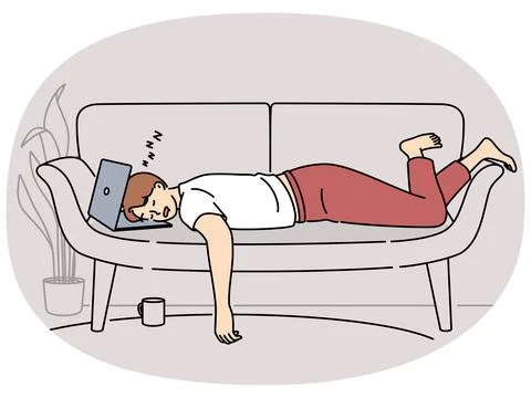 Tired man fall asleep on sofa with laptop Illustrazione stock