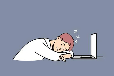 Tired man fall asleep at workplace Illustrazione stock