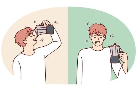 Tired man feels relieved and cheerful while drinking coffee drink from jug Stock Illustration