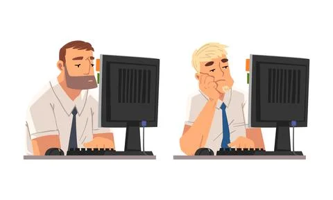 Tired Man in Front of Computer Screen Doing Work Routine in the Office Vector Stock Illustration