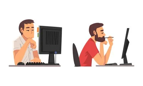 Tired Man in Front of Computer Screen Doing Work Routine in the Office Vector Stock Illustration