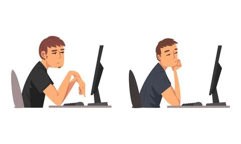 Tired Man in Front of Computer Screen Doing Work Routine in the Office Vector Stock Illustration