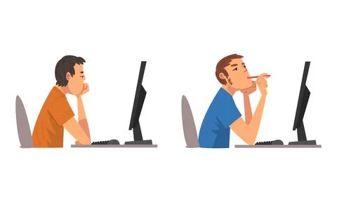 Tired Man in Front of Computer Screen Doing Work Routine in the Office Vector Stock Illustration