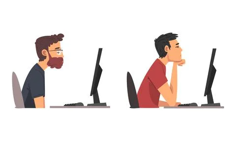 Tired Man in Front of Computer Screen Doing Work Routine in the Office Vector Stock Illustration