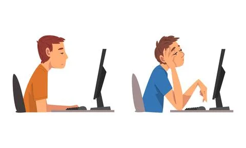 Tired Man in Front of Computer Screen Doing Work Routine in the Office Vector Stock Illustration