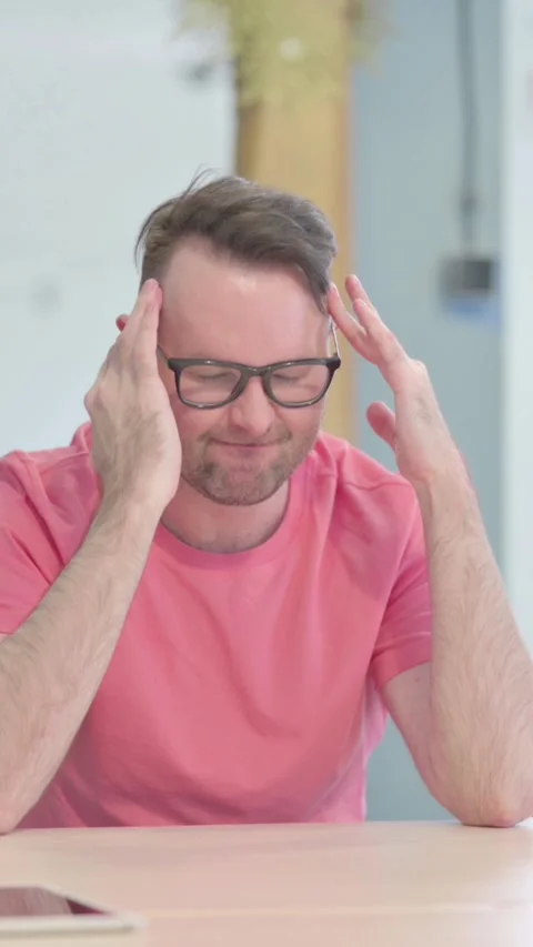 Tired Man with Headache at Work, Migraine, vertical video Vídeos de archivo 329106020