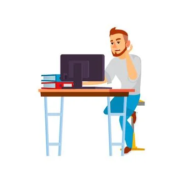 Tired man making report on computer cartoon vector イラスト素材