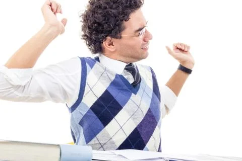 Tired man with neck pain in pullover reading book Stock Photos