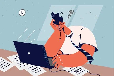 Tired man overwhelmed with computer work Illustrazione stock