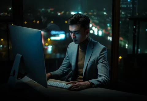 Tired Man Overworked on Office Computer Stock Photos
