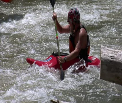 Tired man paddles white-water kayaking slow-motion Stock Footage 21681153